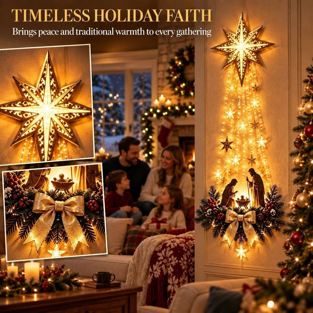 Holy Family Nativity Wall Decoration with Warm White Star Lights and Pine Accents