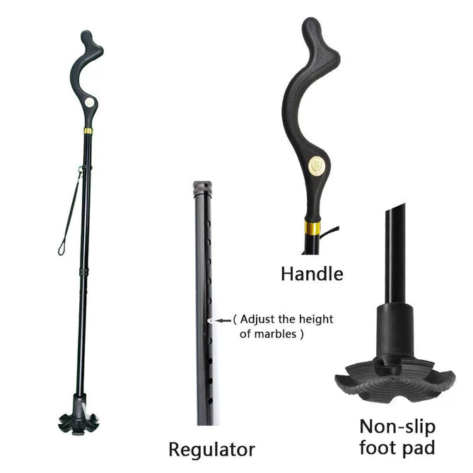 Adjustable Walking Stick with Ergonomic Grip and 360-Degree Tip, 12 Height Settings