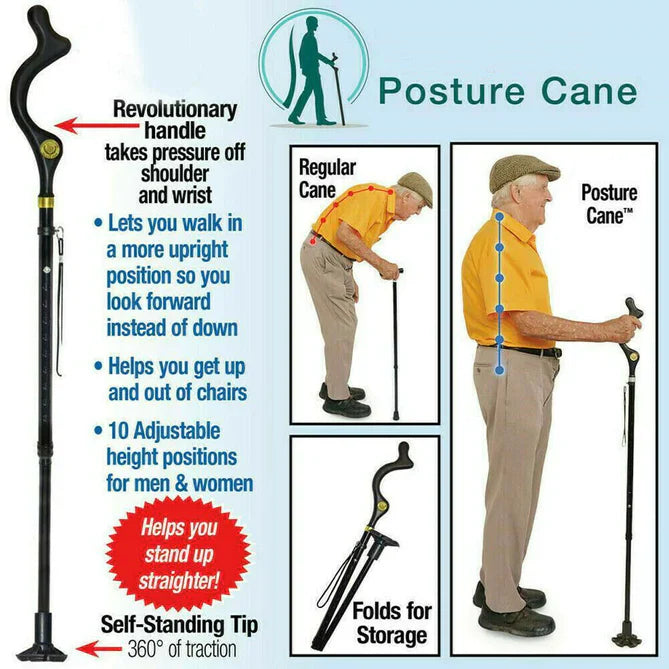 Adjustable Walking Stick with Ergonomic Grip and 360-Degree Tip, 12 Height Settings