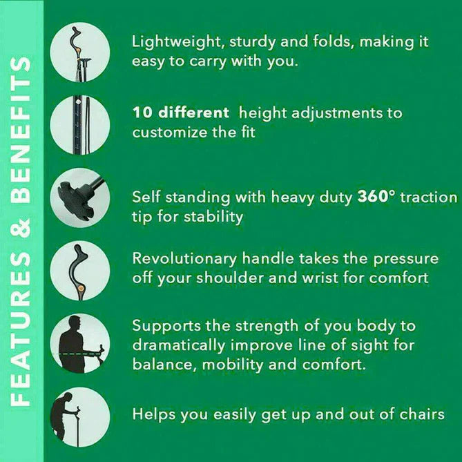 Adjustable Walking Stick with Ergonomic Grip and 360-Degree Tip, 12 Height Settings
