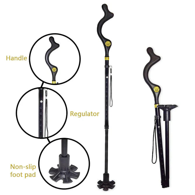 Adjustable Walking Stick with Ergonomic Grip and 360-Degree Tip, 12 Height Settings