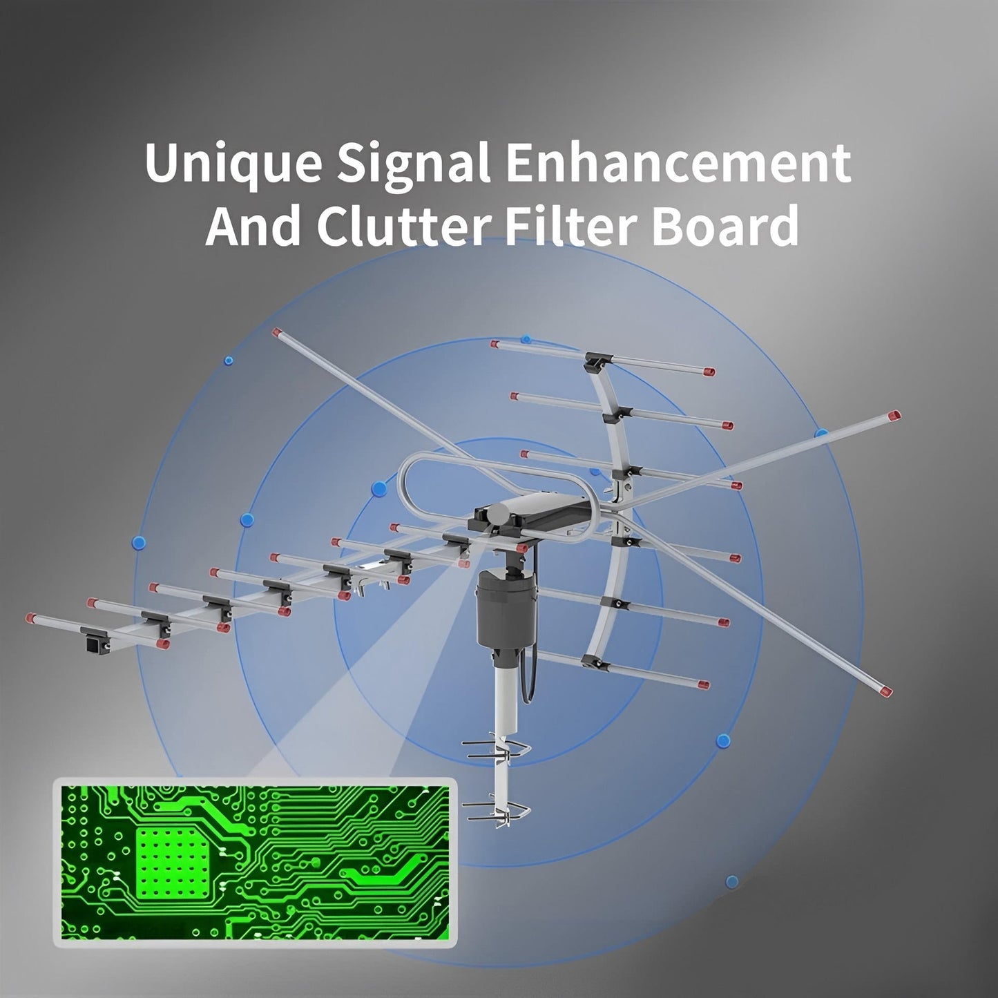 Outdoor HD TV Antenna with 360° Motorized Rotation and Interference Filter, Weatherproof