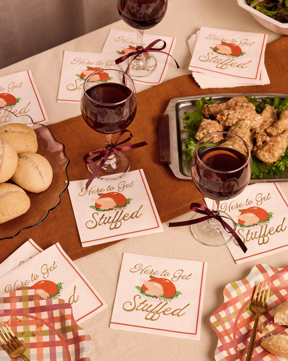 Turkey Cocktail Napkins with Gold Foil Accents and Cream Base, 50-Count Set