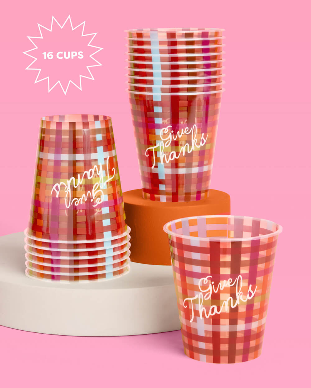 Plaid Thanksgiving Cups with Give Thanks Script and Brown Burgundy Blue Pattern, 16-Count