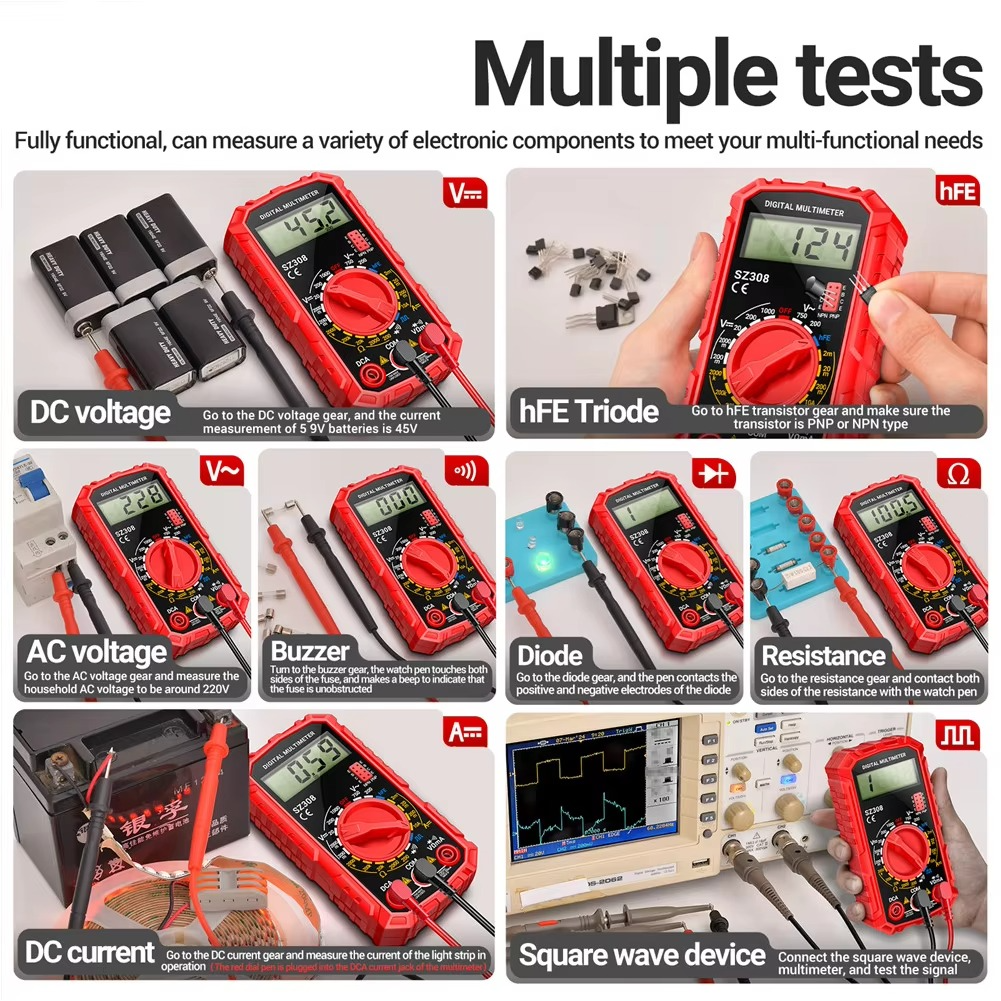 Digital Multimeter with Extended Probe Reach and Diode Testing for Electrical Systems