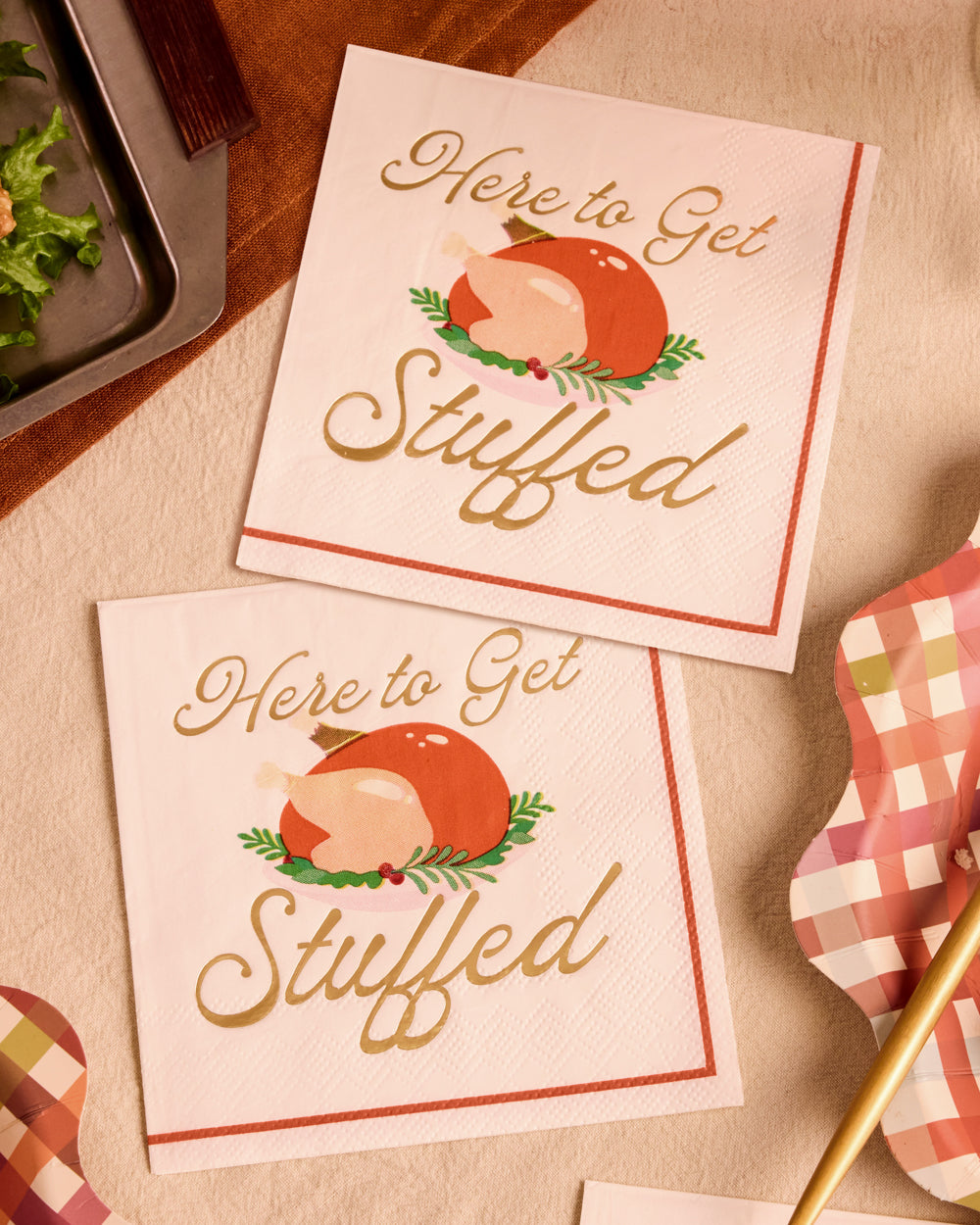 Turkey Cocktail Napkins with Gold Foil Accents and Cream Base, 50-Count Set