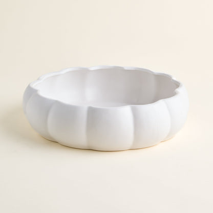 Stoneware Serving Bowl with Pumpkin Shape and Matte White Finish, 14-Inch