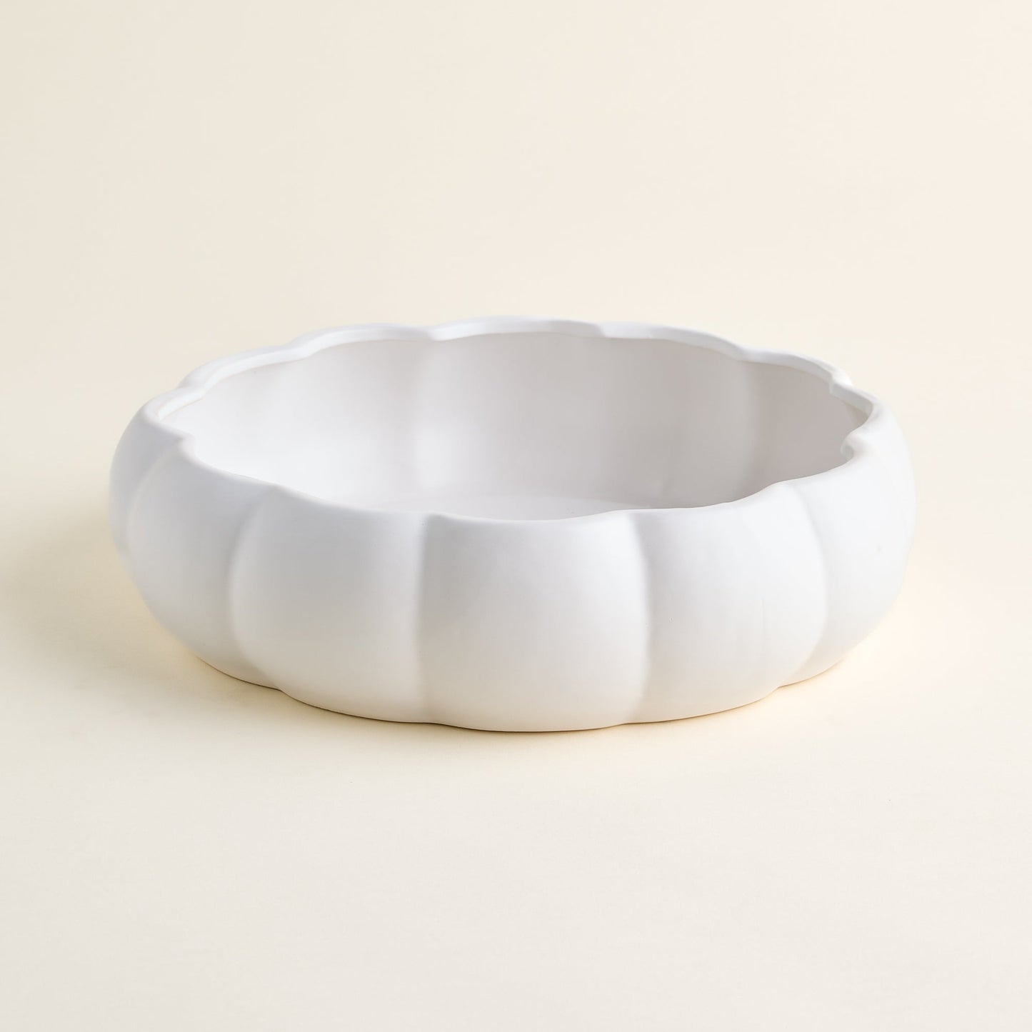 Stoneware Serving Bowl with Pumpkin Shape and Matte White Finish, 14-Inch