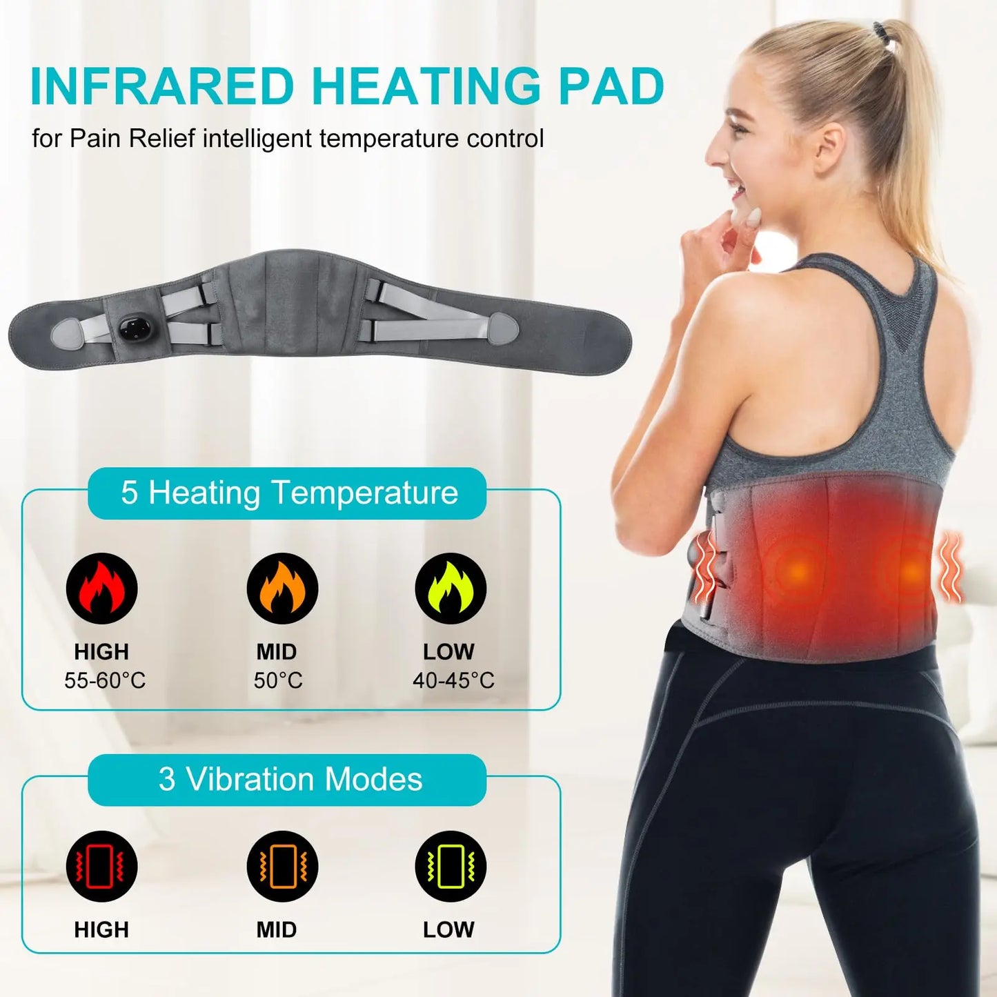 Cordless Lower Back Massager with Infrared Heat and Vibration, Digital Display