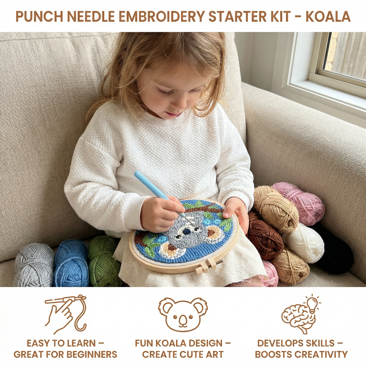 Punch Needle Embroidery Set with Pre-Printed Patterns and Adjustable Loop Height