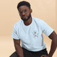 White unisex T-shirt – abstract black line art dog, back view on male model.