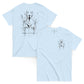 Light blue unisex T-shirt – abstract black line art dog, front and back view.