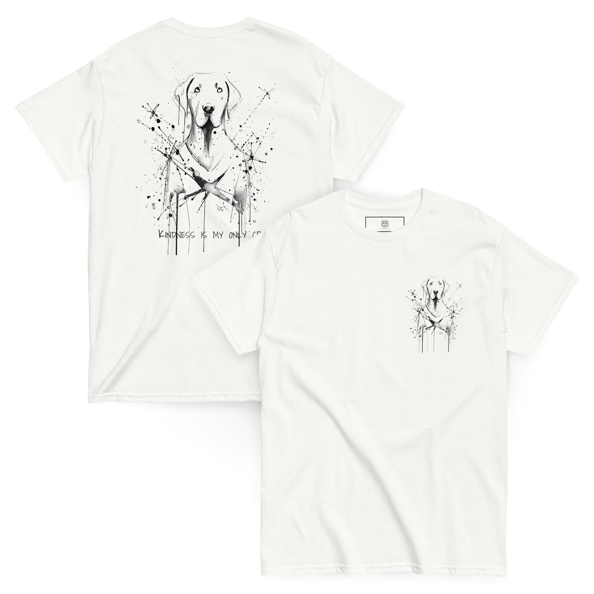 White unisex T-shirt – abstract black line art dog, back view 