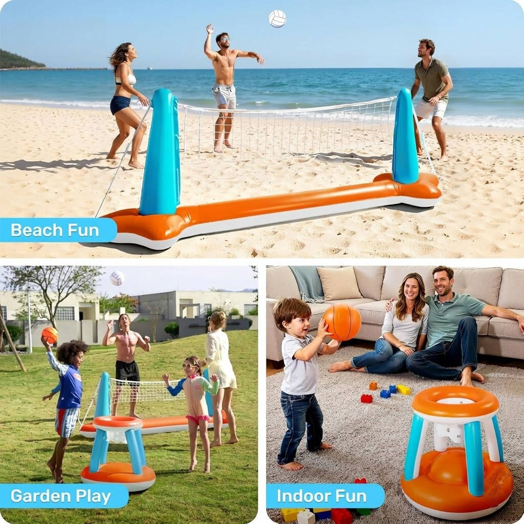 Inflatable Pool Volleyball Net, Pool Games for Kids and Adult, Included Basketball Hoops