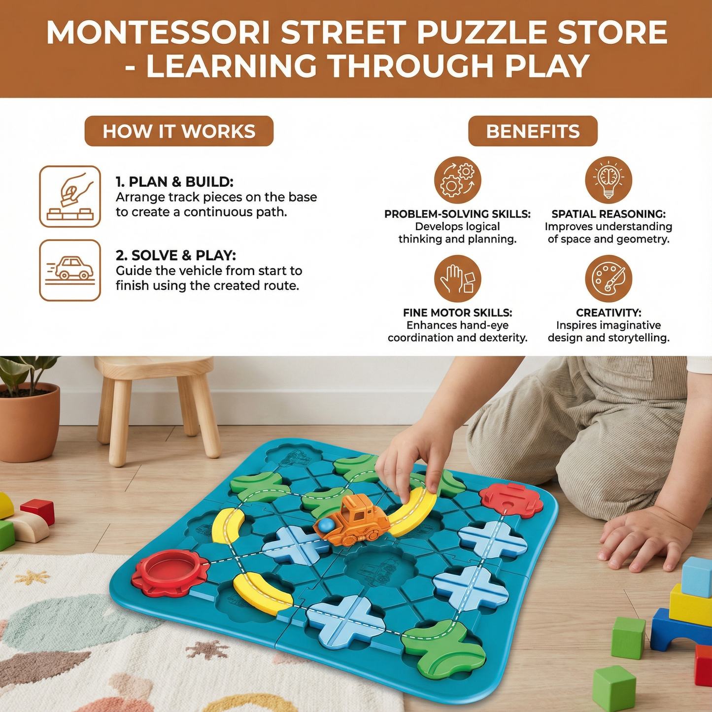 Interlocking Block Puzzle with Movable Vehicle and Street Layout for Spatial Learning