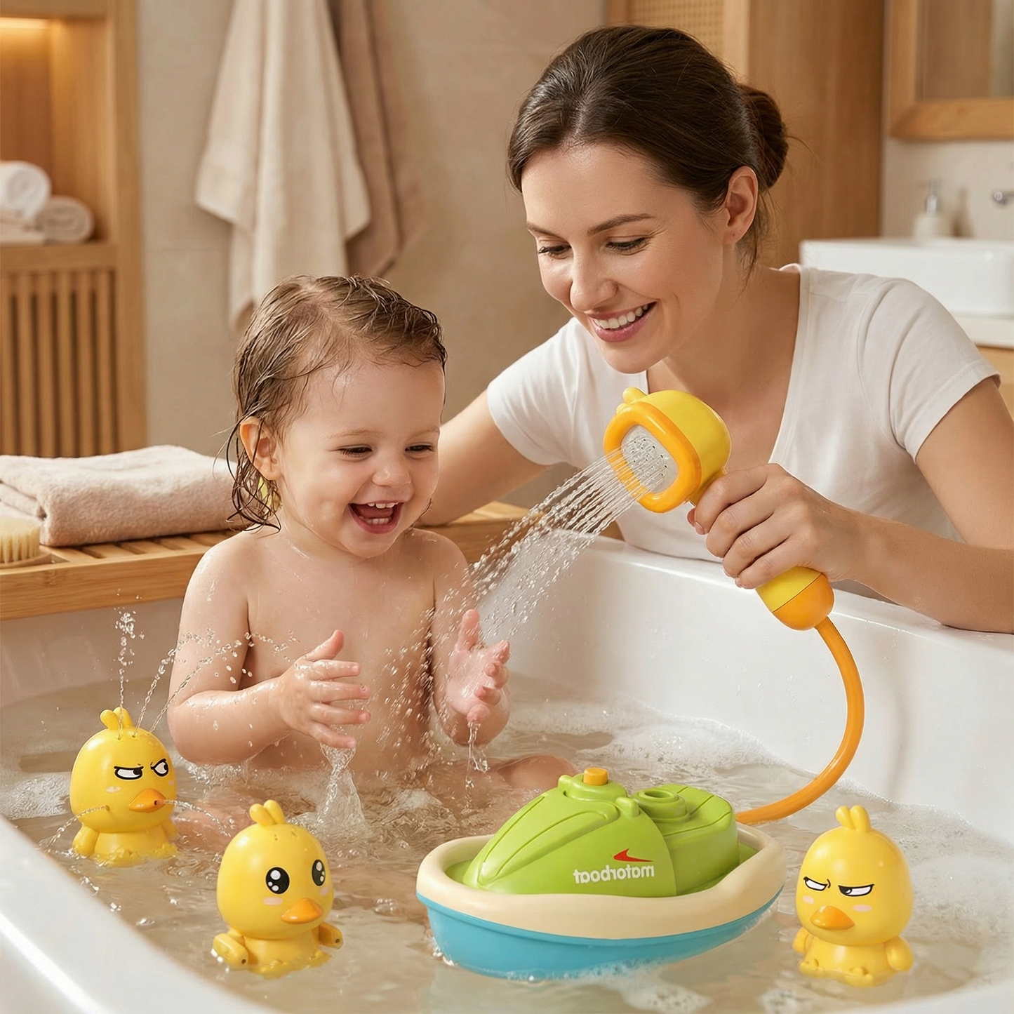 Bath Toy Set with Squirting Ducks and Motorized Boat, Shower Head Included