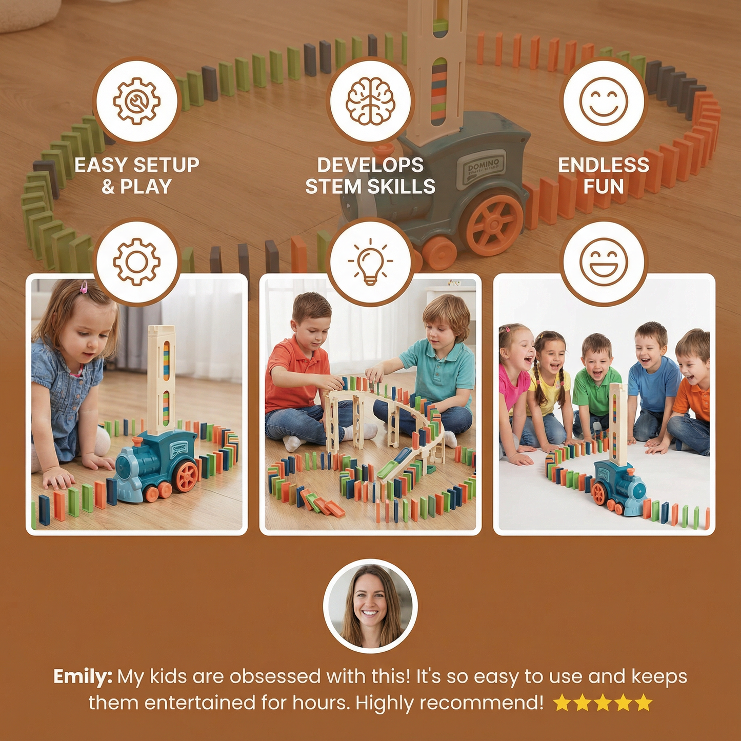 Automatic Domino Placement Train with Motorized Chain Reaction and Colorful Pieces