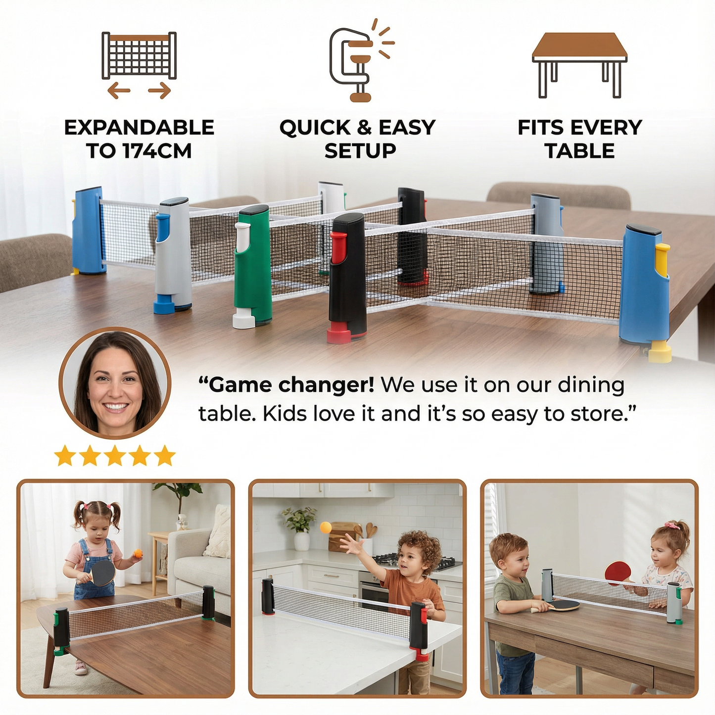 Retractable Table Tennis Net with Adjustable Clamps for Multiple Table Sizes