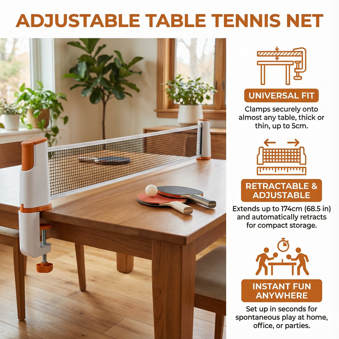 Retractable Table Tennis Net with Adjustable Clamps for Multiple Table Sizes
