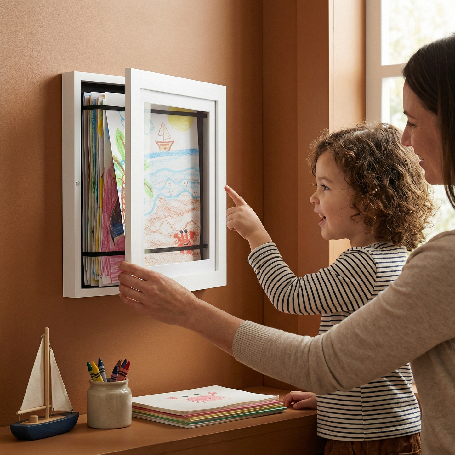 Rotating Artwork Display Frame with Flip Panel for 150 Kids Drawings