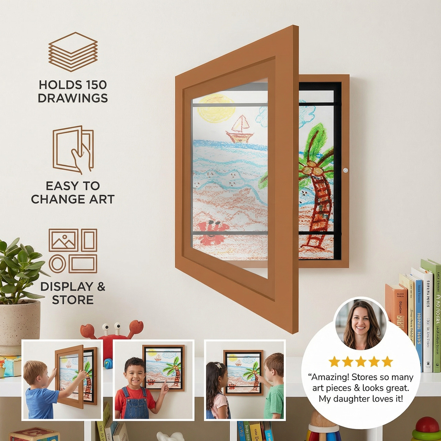 Rotating Artwork Display Frame with Flip Panel for 150 Kids Drawings