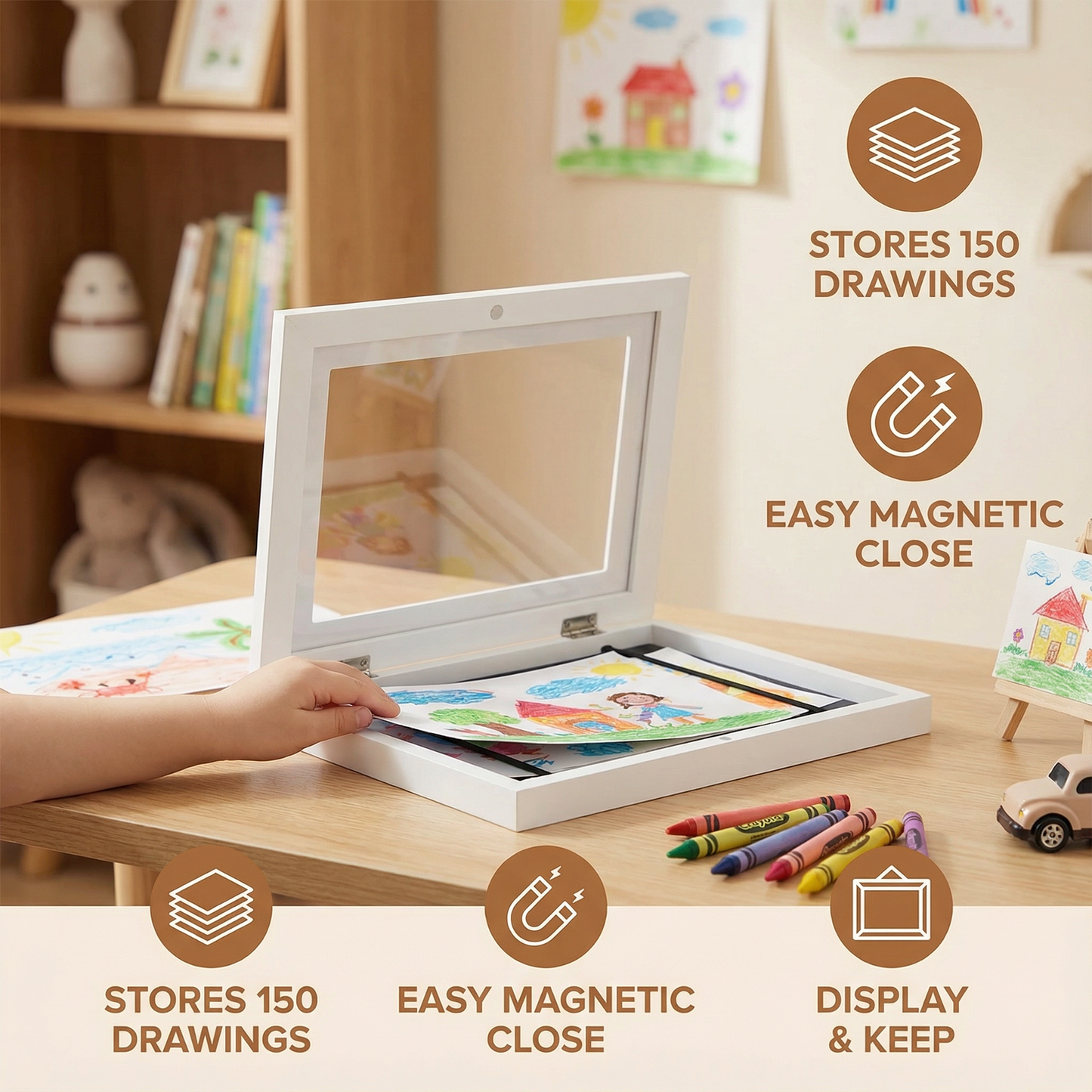 Rotating Artwork Display Frame with Flip Panel for 150 Kids Drawings