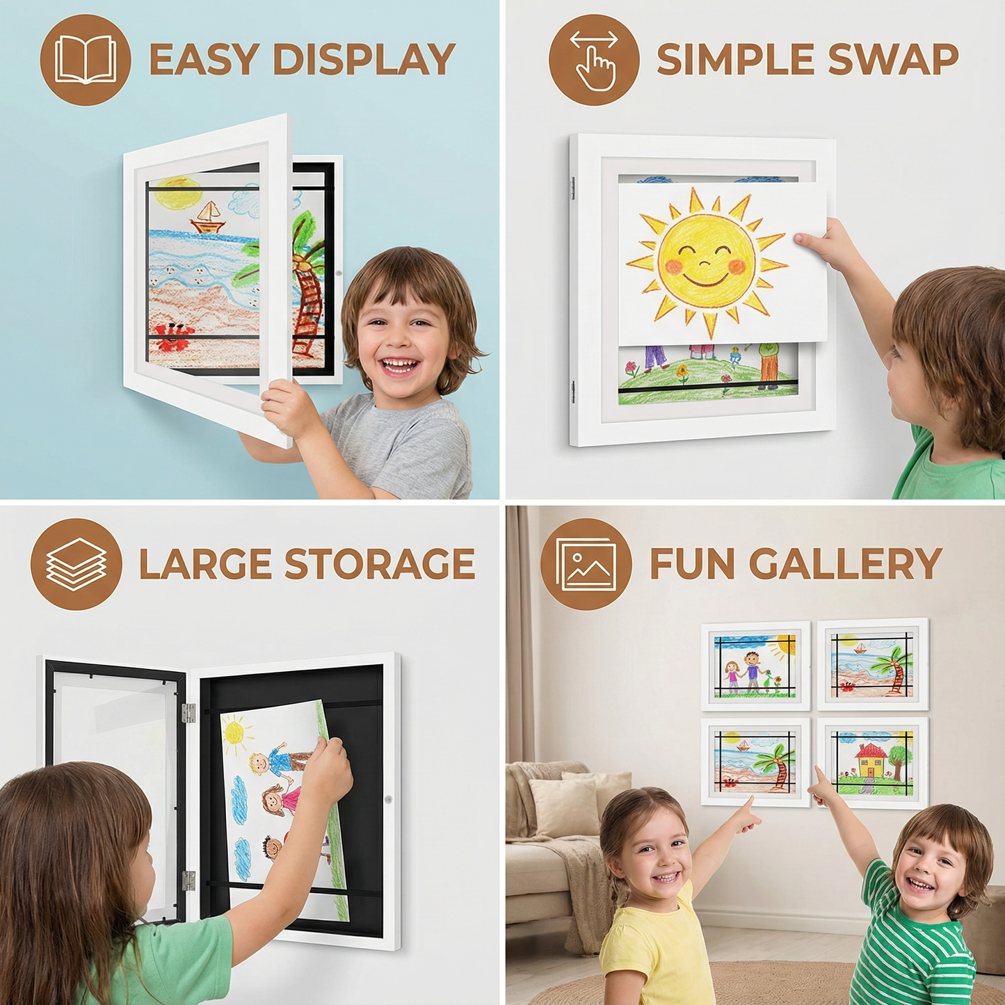 Rotating Artwork Display Frame with Flip Panel for 150 Kids Drawings
