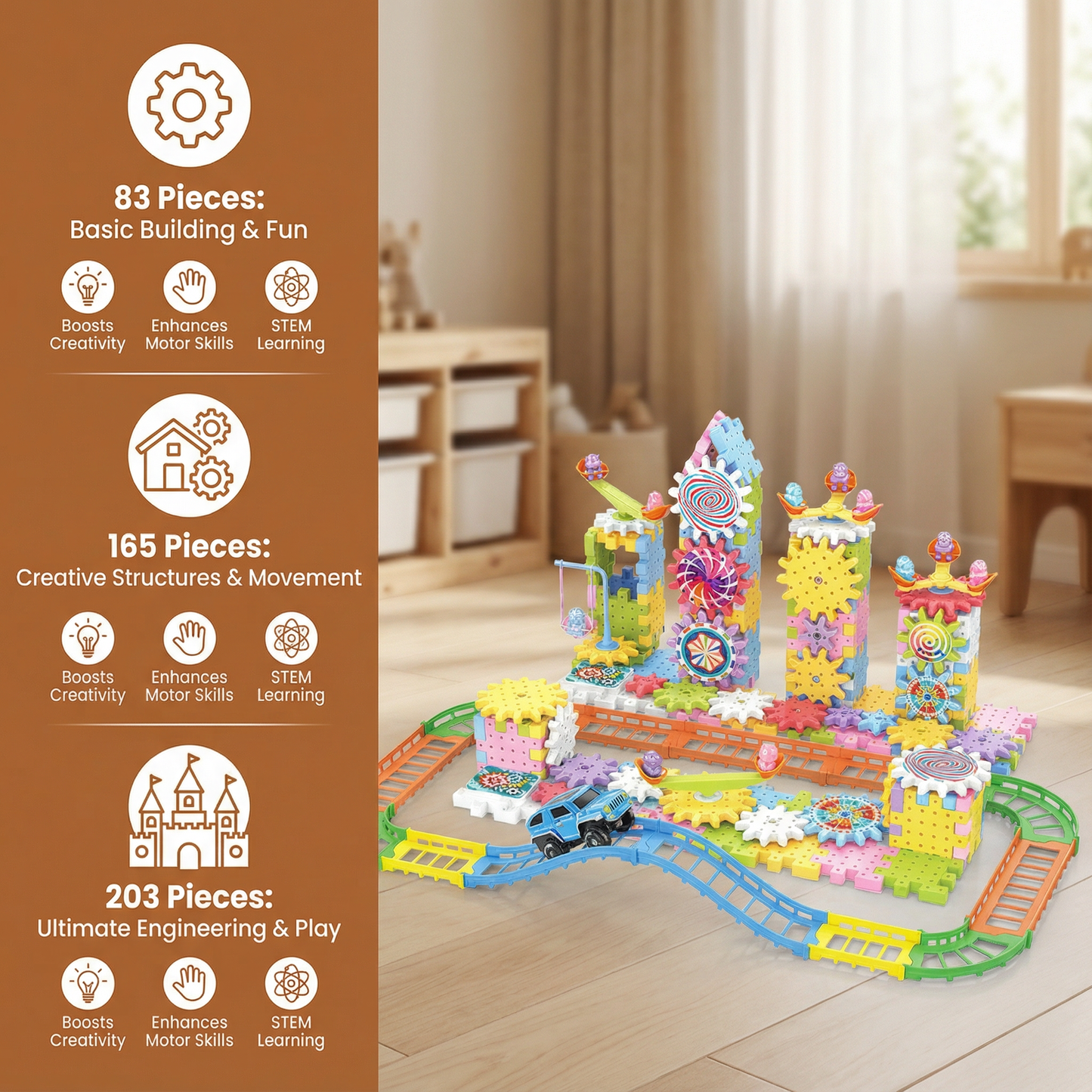 Gear Building Blocks with Rotating Mechanical System and 203 Pieces