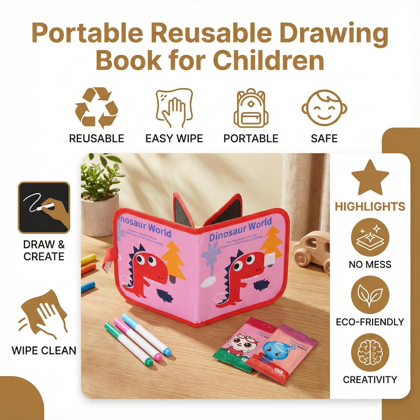 Reusable Drawing Book with Wipe Clean Pages for Kids