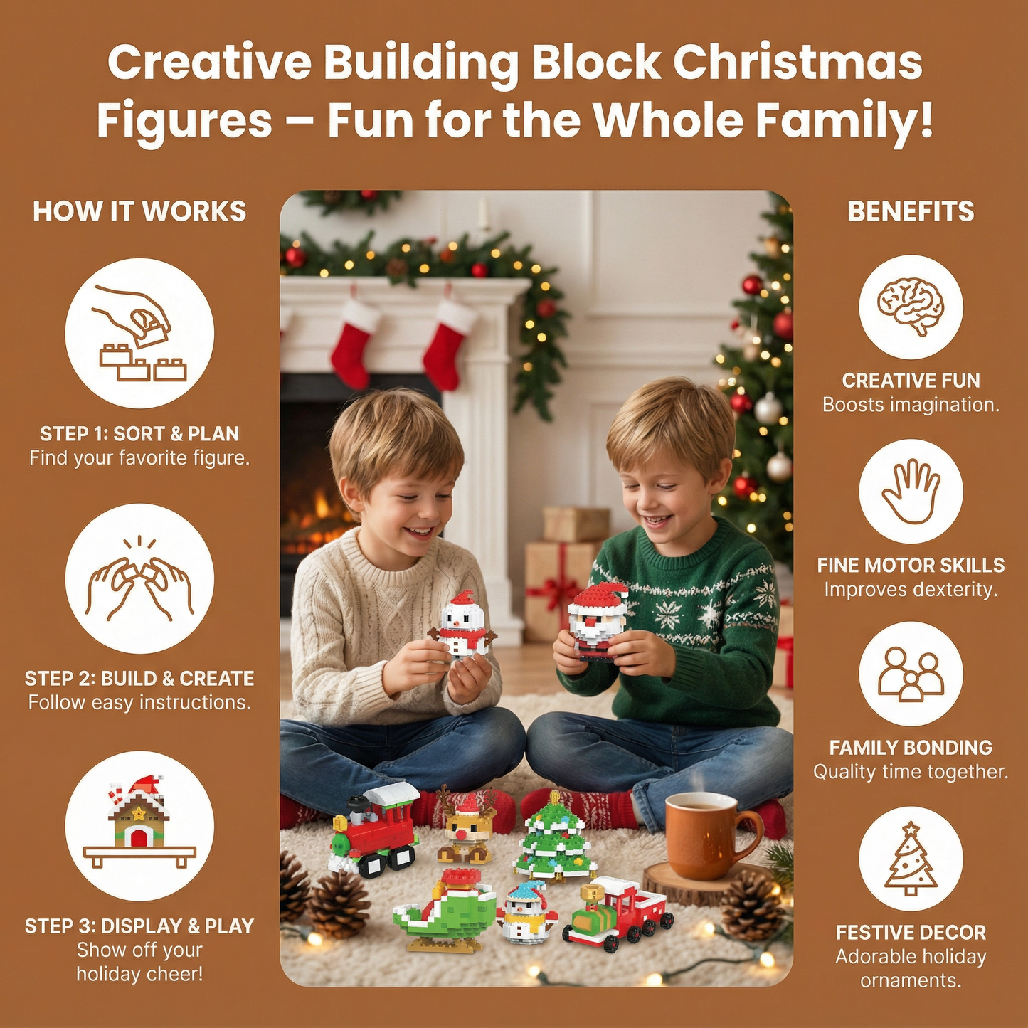 Holiday Character Building Blocks with Interlocking Pieces and Illustrated Instructions