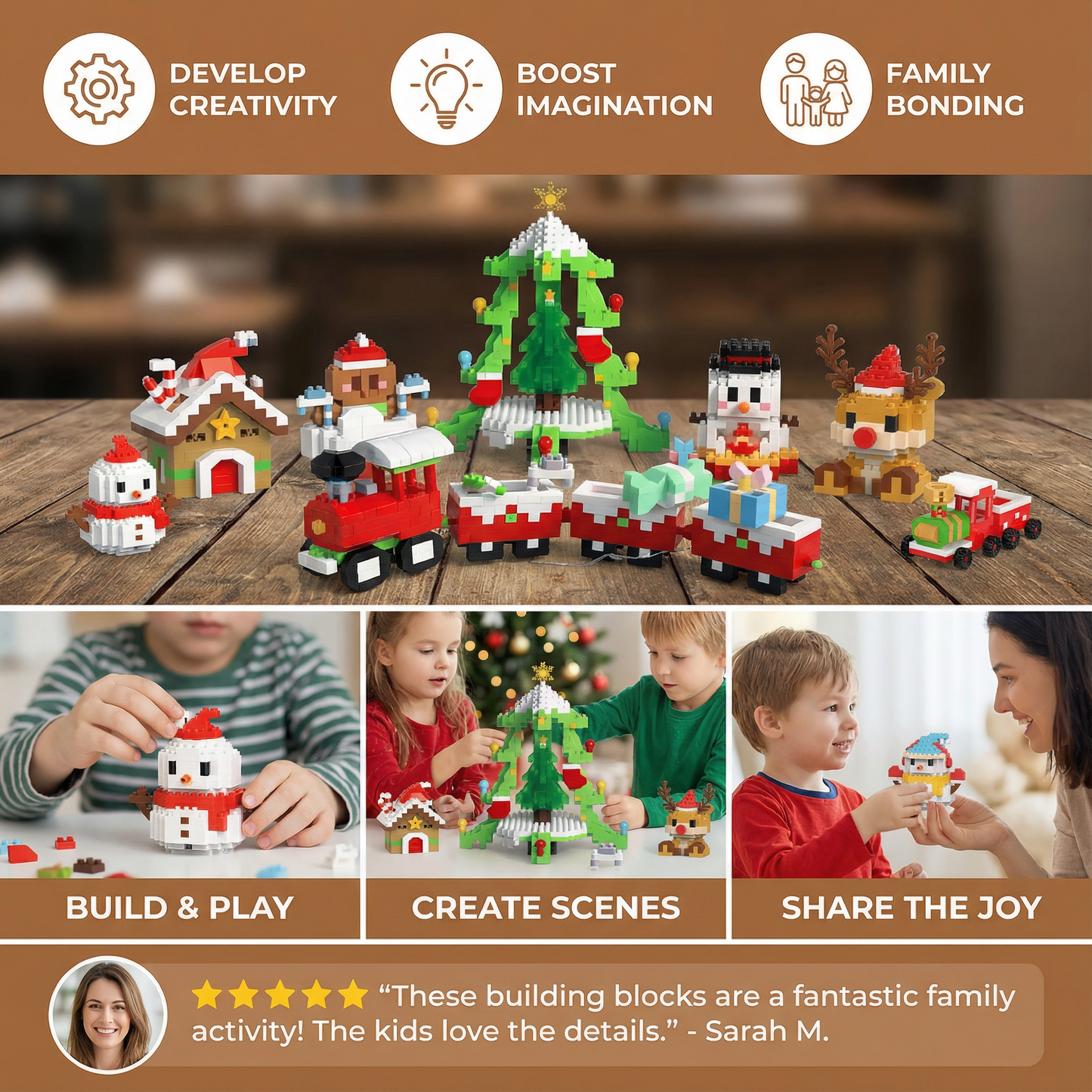 Holiday Character Building Blocks with Interlocking Pieces and Illustrated Instructions