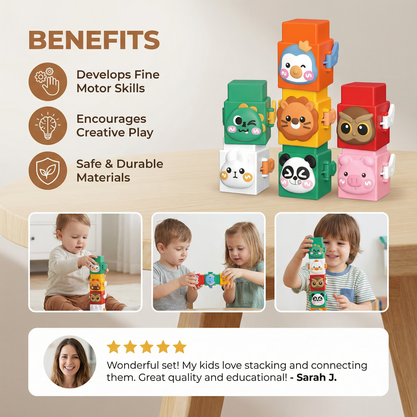 Animal Stacking Blocks with Nesting Design and Color Recognition for Toddler Development