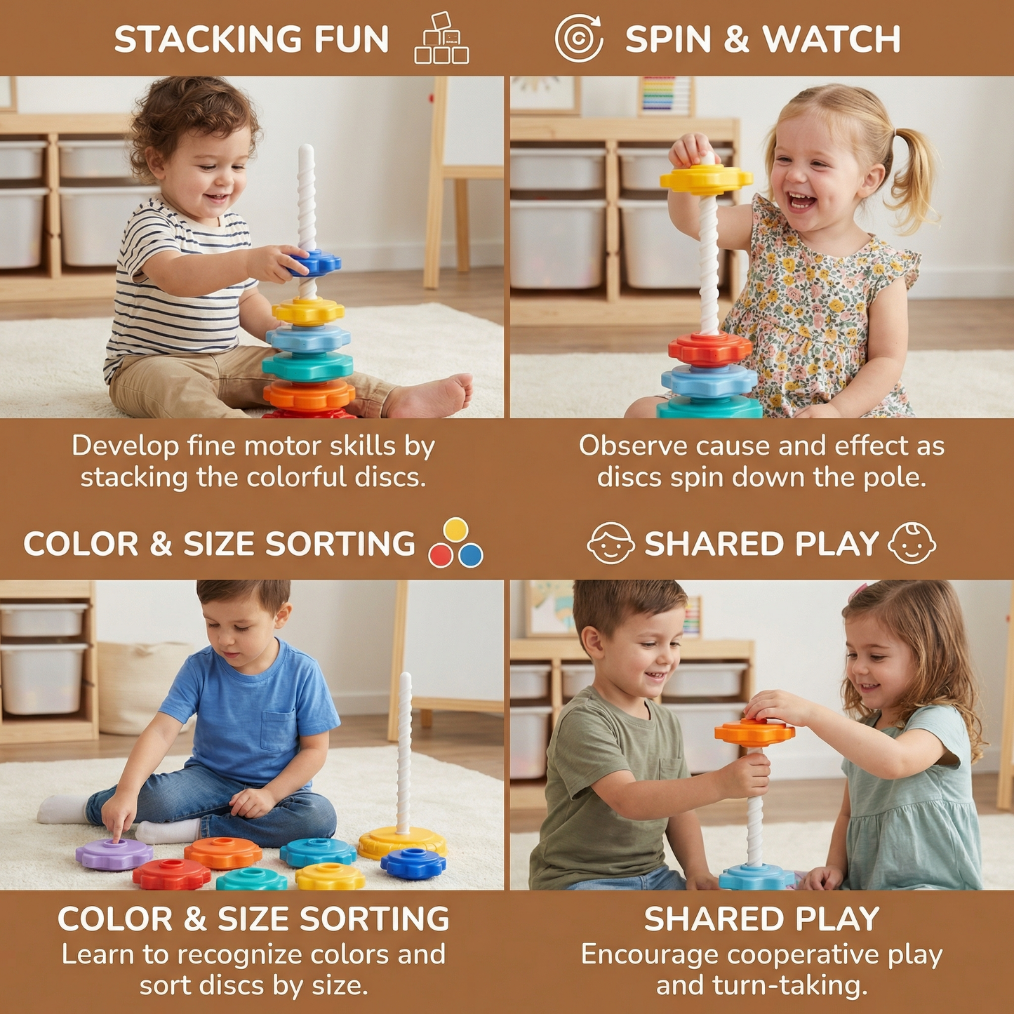 Spinning Stacking Tower Toy with Multiple Colors and Shapes for Kids