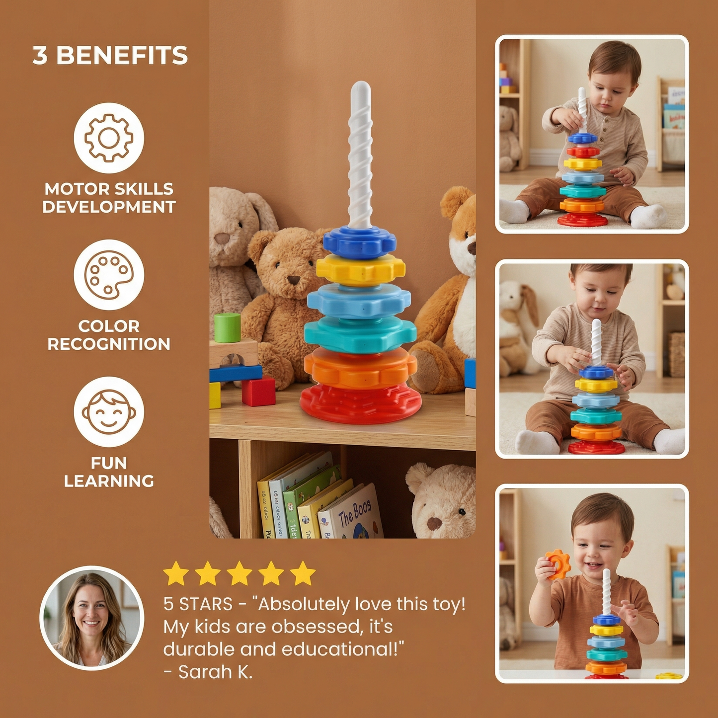 Spinning Stacking Tower Toy with Multiple Colors and Shapes for Kids