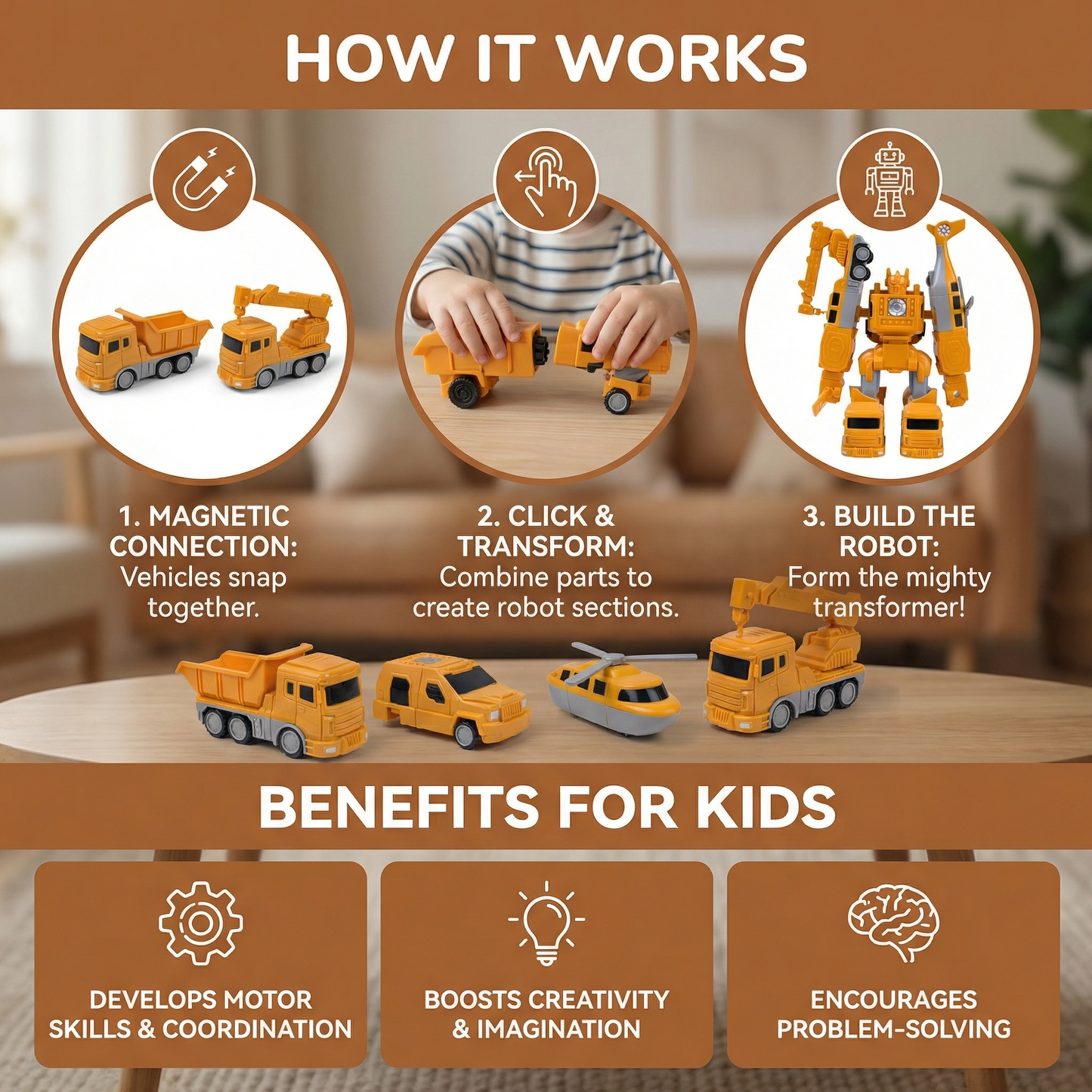 Magnetic Building Vehicle with Robot Transformation and Dual Forms