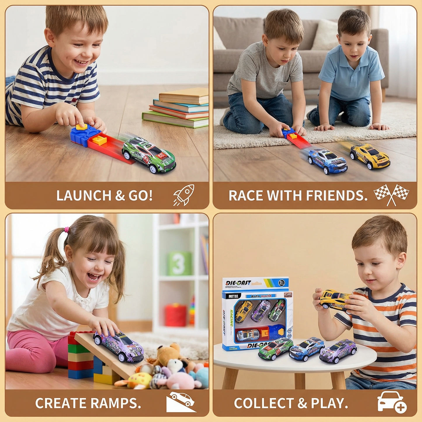 Launch Toy Cars with Button-Activated Catapult, 4 Die Cast Vehicles