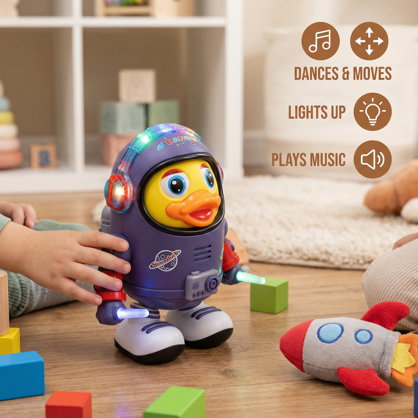 Musical Dancing Duck with Astronaut Costume and Light Up Features