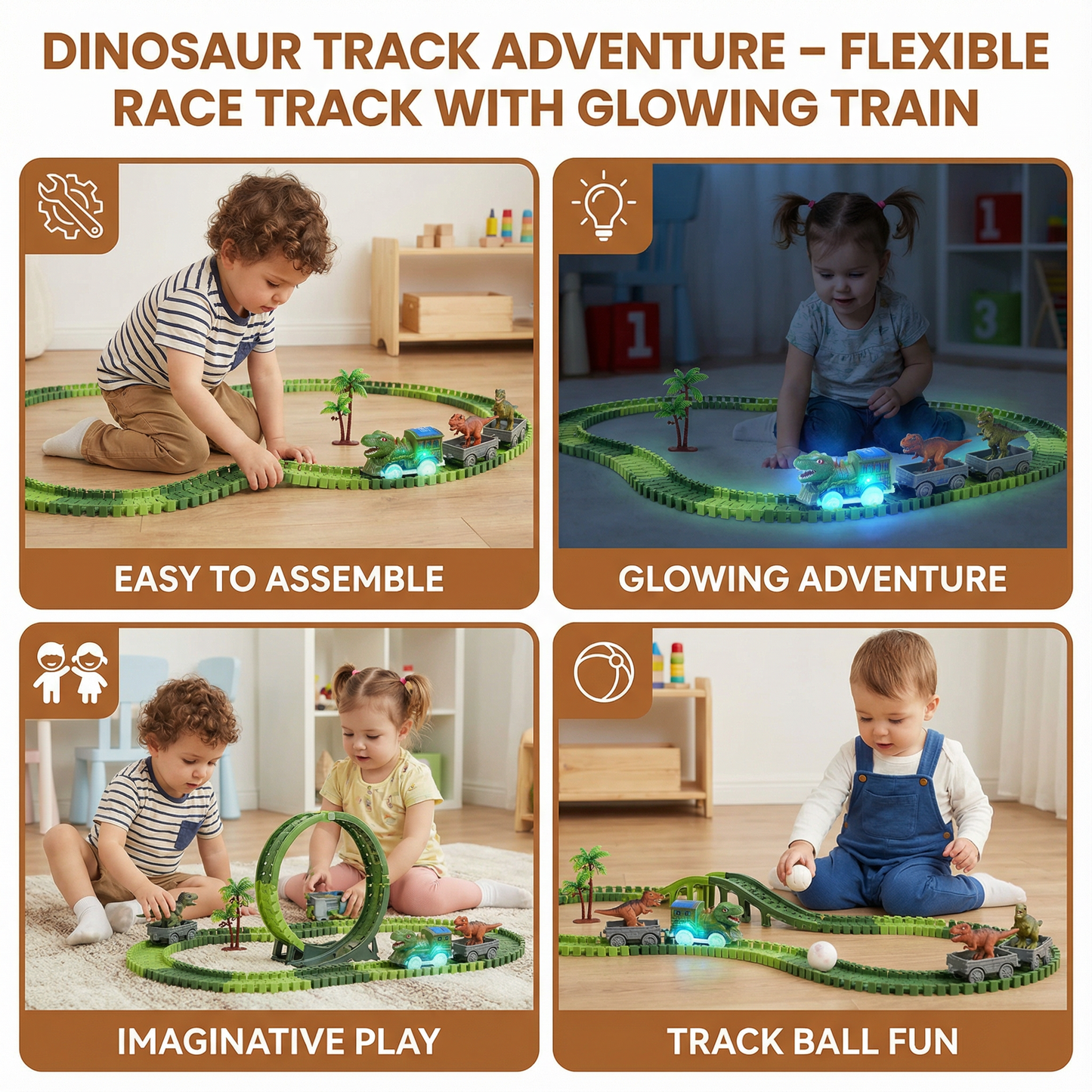 Dinosaur Track Set with LED Light-Up Train and Flexible Snap-Together Pieces