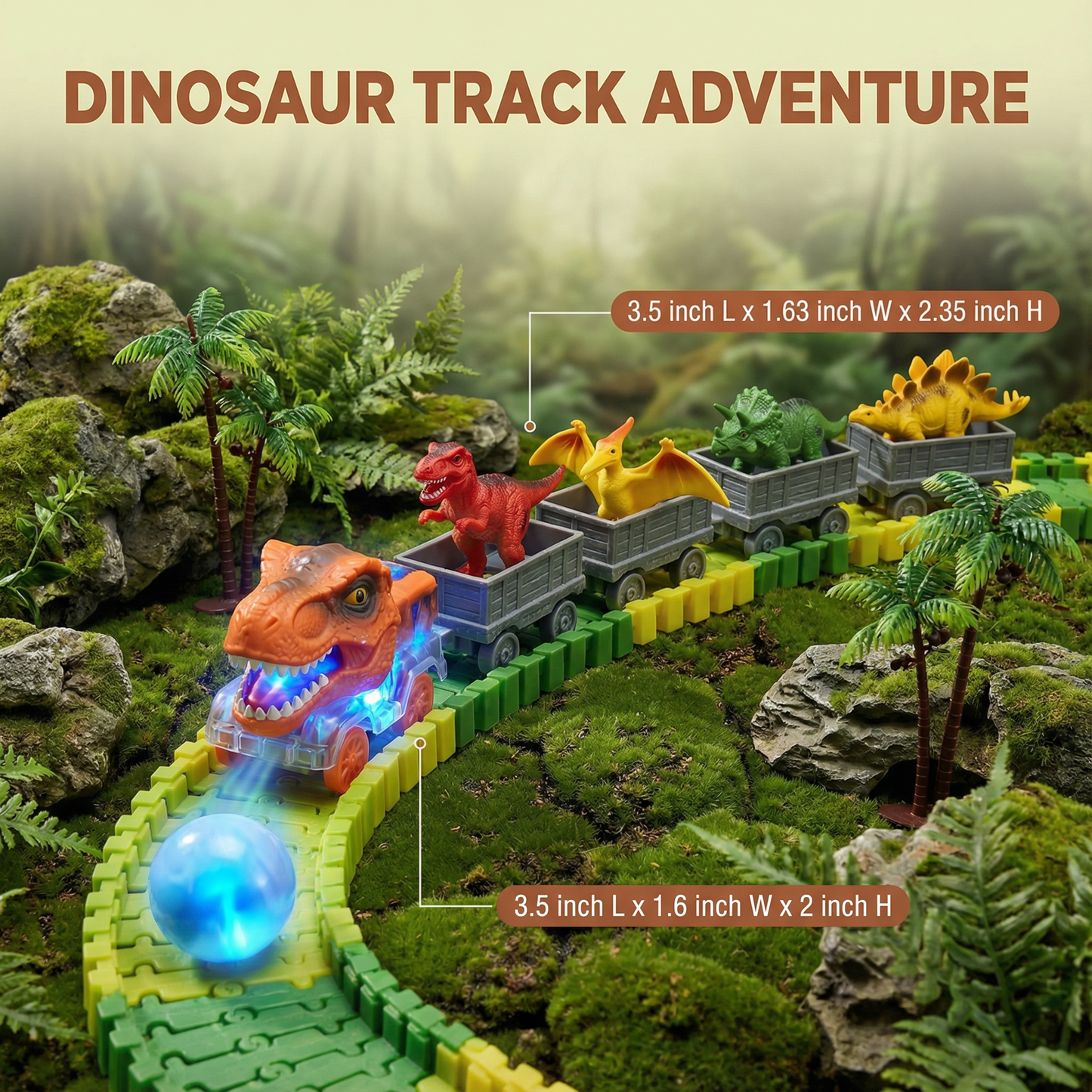 Dinosaur Track Set with LED Light-Up Train and Flexible Snap-Together Pieces