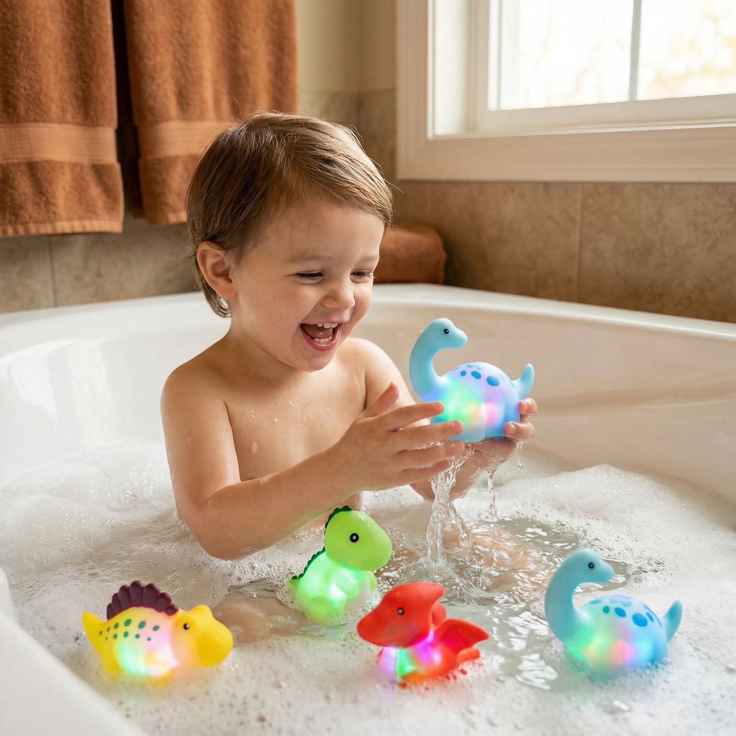 Floating Dinosaur Bath Toy with Color-Changing LED and Night Light Function