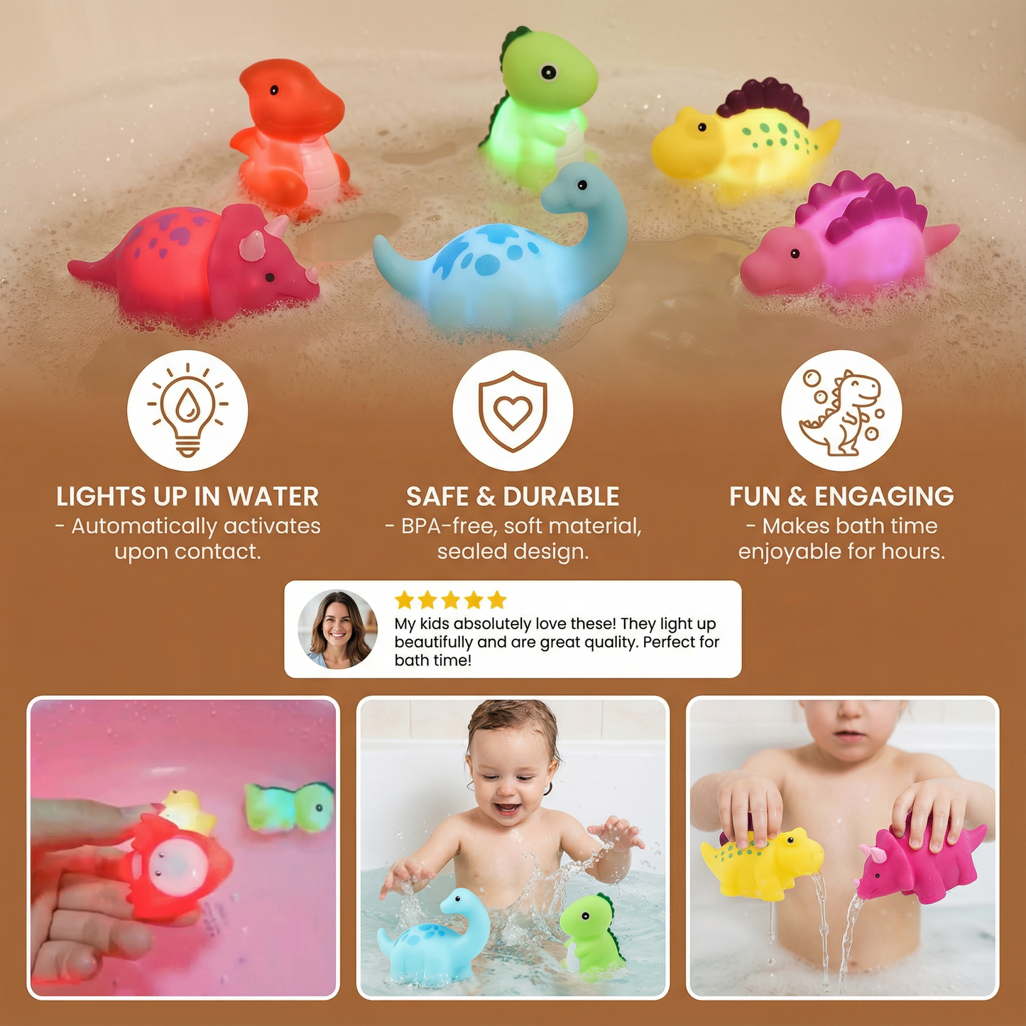 Floating Dinosaur Bath Toy with Color-Changing LED and Night Light Function