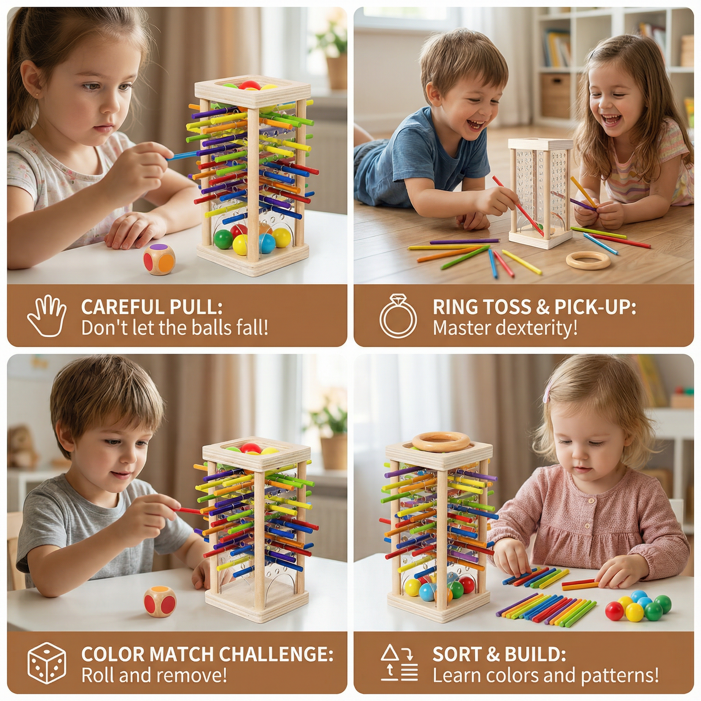 Wooden Stick Pulling Game with Colorful Sticks and Balls for Kids