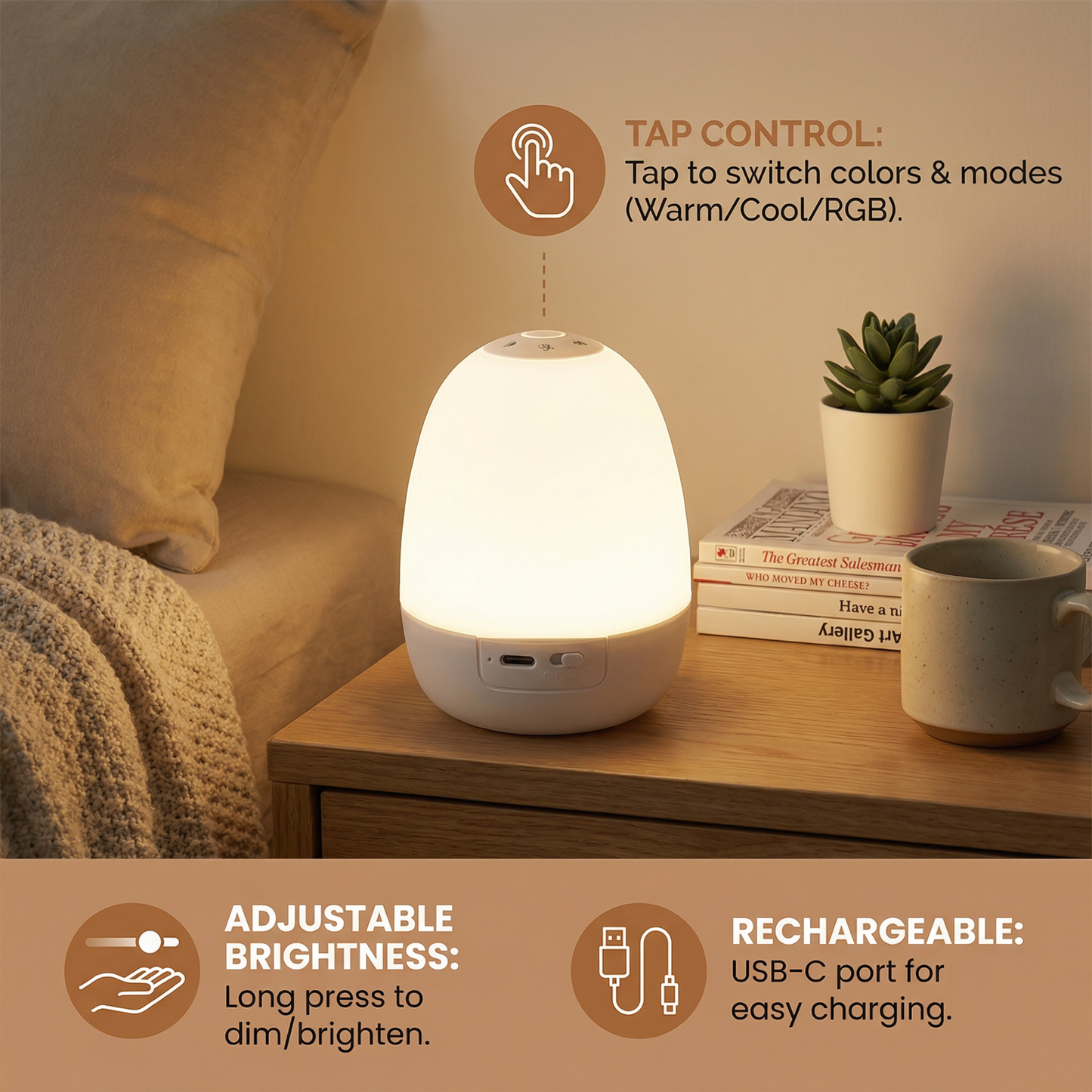 Touch Control LED Night Light with Adjustable Brightness and Silicone Design