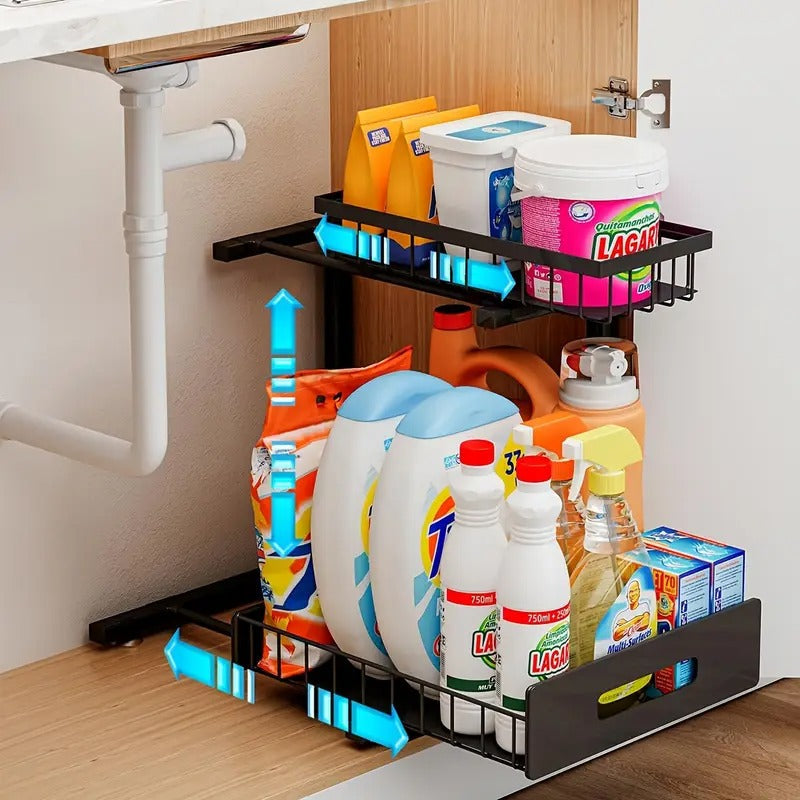 Slide Out Under Sink Organizer with Dual Tiers and Carbon Steel Frame
