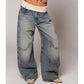 Women's Y2K baggy wide leg jeans with a ribbed waist, light blue wash for a retro streetwear look.