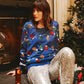 Womens Blue Christmas Lights Sweater with Colorful Bulb Design for Holiday Parties