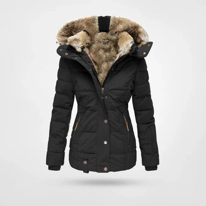 Womens Quilted Winter Coat with Faux Fur Lined Hood and Adjustable Drawstrings