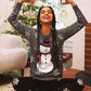 Womens Gray Sequin Snowman Christmas Sweater with Sparkling Snowflake Sleeves