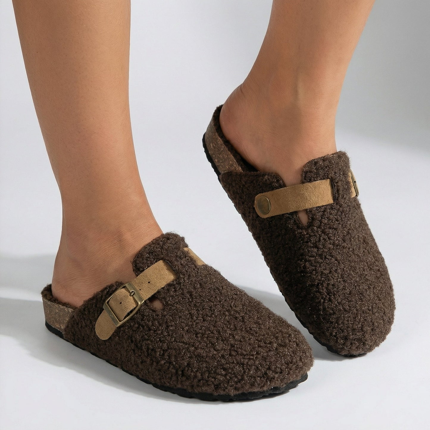 Womens Teddy Mule Slippers with Adjustable Buckle and Supportive Sole