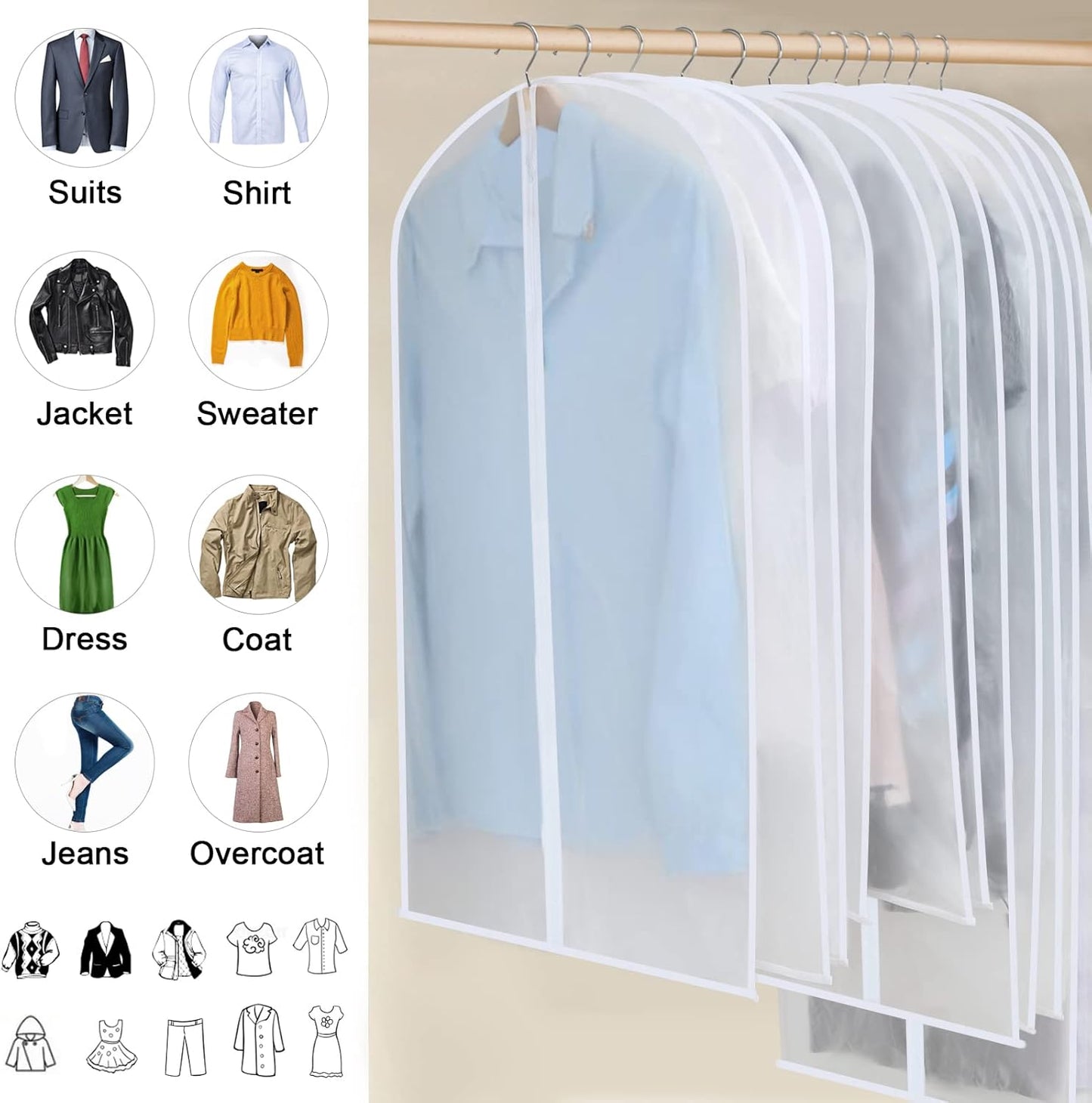 Hanging Garment Covers 24-Pack with Full Length Zipper and Anti-Dust Design, 3 Sizes